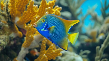 Generative AI : Queen Angelfish Bright Blue Colorful Surrounded by Sponges