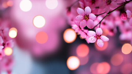 Blooming sakura on a pink background with blurred bokeh.