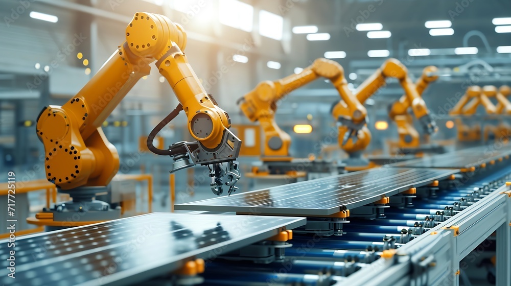 Poster generative ai : large production line with industrial robot arms at modern bright factory.