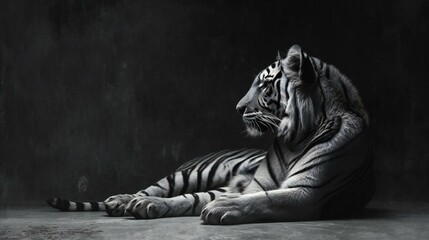 a black and white photo of a tiger laying down
