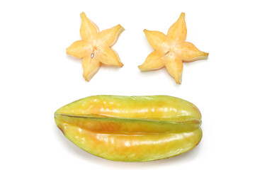 Sliced and whole fresh organic star fruit delicious top view face photo concept isolated on white background clipping path