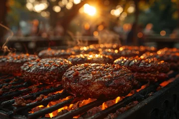 Fotobehang Sizzling Steakhouse: Grilled Hamburgers and Sunswept Sides Generative AI © Mandeep