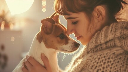 Generative AI : Young woman with her cute Jack Russell Terrier at home. Lovely pet