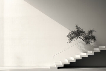 a white wall with a tree growing on the stairs