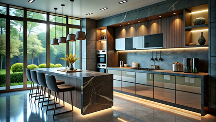 Sleek and modern kitchen interior design side angle view.