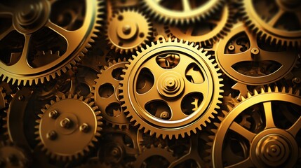 Close-Up of a Bunch of Gears, Detailed Snapshot of Intricate Mechanics in Gold. Luxury trendy wallpaper. Banner.