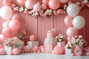 Pink Balloon Decoration for a Baby Shower: Create a Festive Atmosphere with Pink and White Flowers Generative AI