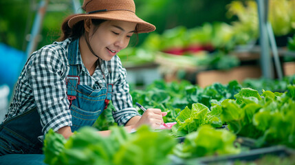 A woman keeps records of growing lettuce in a greenhouse. Selective focus.