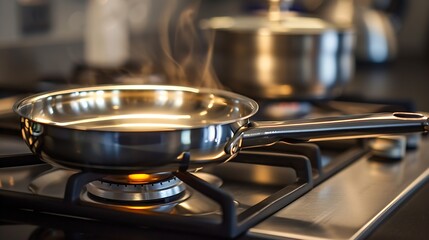 Generative AI : stainless pan on the hob, cooking on a gas stove, the cost of gas in Europe