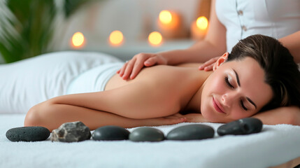 Obraz na płótnie Canvas Woman in a spa salon massages stones. Selective focus.