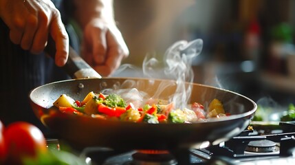 Generative AI : cropped shot of man cooking vegetables in frying pan on electric stove