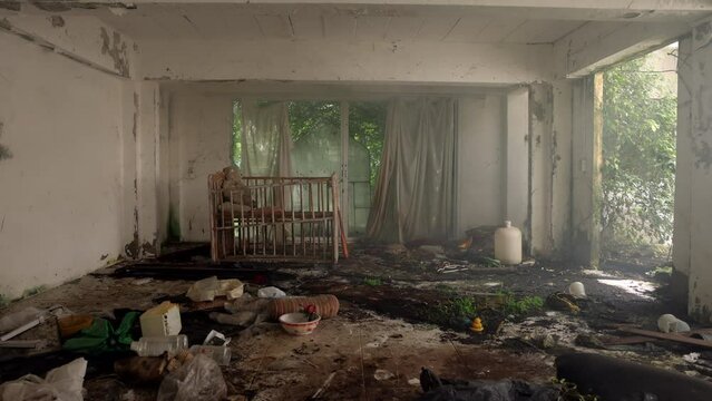 Film of long abandoned house - creepy - living room and bay bed with misty smoke in the scene - wide angle shot