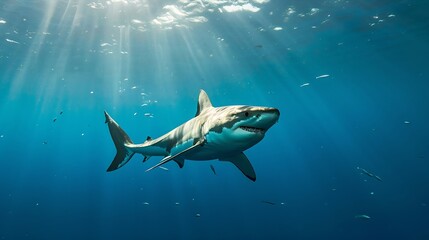 Generative AI : Huge white shark in blue ocean swims under water. Sharks in wild. Marine life...