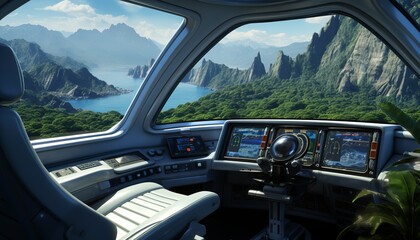 Title futuristic spaceship interior with stunning view of earth from space