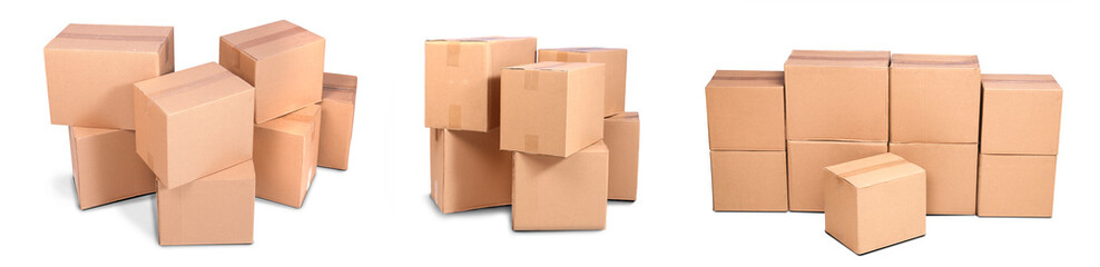  stack carton or cardboard pile or piles box isolated on white background. Online marketing...