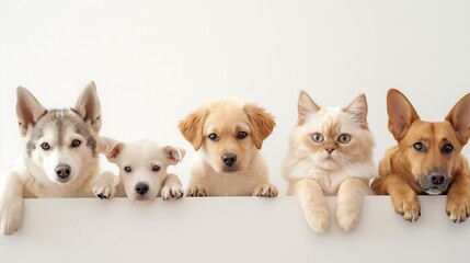 Generative AI : Common cute domestic animal pets hanging over a white horizontal website banner or social media cover