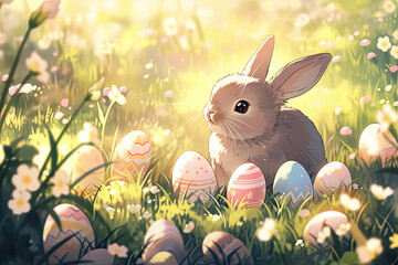 Rabbit Sitting in Field of Eggs, Cute and Surprising Moment Captured in Nature