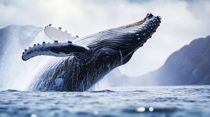 Generative AI : A magnificent humpback whale in an upright position with splashes jumped to the surface close-up - obrazy, fototapety, plakaty