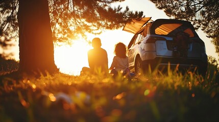 Generative AI : family traveling by car. family watching sunset silhouette next to the car in the park. happy family kid dream concept. people in the park. lifestyle family car camping resting in natu