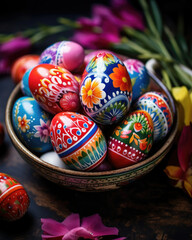 Bowl Filled With Colorful Painted Eggs on Table