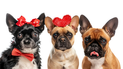 banner three dogs celebrating valentine's day with a red ribbon on head and a heart shape diadem and bowtie. isolated against white background.  generative ai
