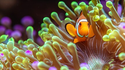 Generative AI : A colorful orange clownfish finds safety among it's host green and purple anemone in Raja Ampat, Indonesia - obrazy, fototapety, plakaty
