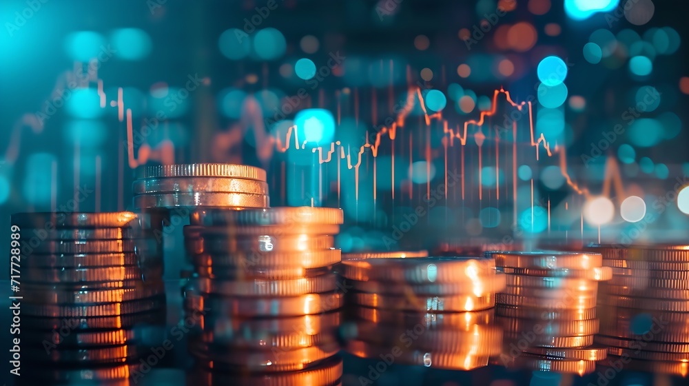Aufkleber Generative AI : Double exposure of coins stack with graph chart and night cityscape.