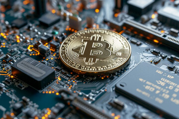 Digitale Zukunft im Fokus: Bitcoin Chip Illustration als Symbol für sichere Krypto-Transaktionen und technologischen Fortschritt im Finanzwesen - obrazy, fototapety, plakaty