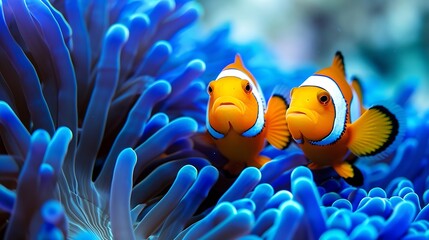 Fototapeta na wymiar Generative AI : two clown fish underwater look out of a blue anemone