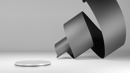 3D Rendering Podium with black ribbons abstract white background 