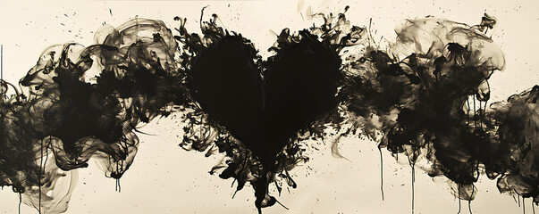 A series of abstract ink blots on parchment paper, merging to create a heart shape, capturing the spontaneity and unpredictability of emotions