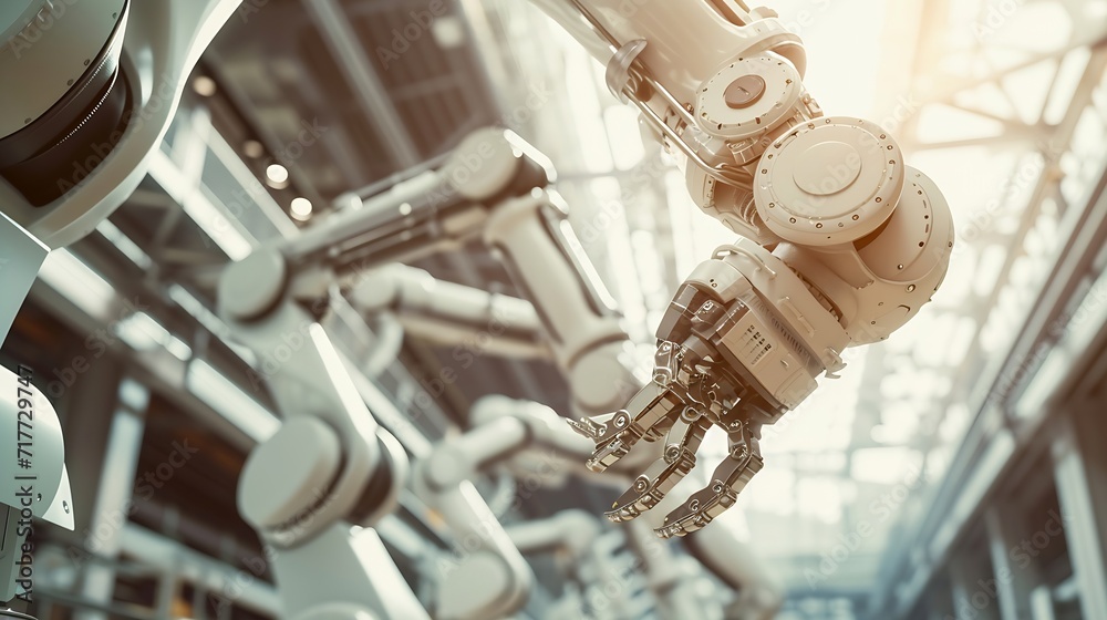 Leinwandbilder generative ai : mechanized industry robot and robotic arms for assembly in factory production .