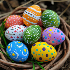 Basket Filled With Vibrant Painted Eggs - A Colorful Delight for the Eyes