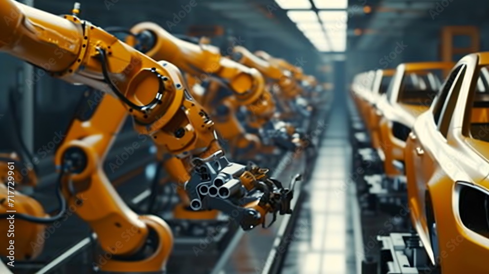 Leinwandbilder generative ai : car factory 3d concept: automated robot arm assembly line manufacturing high-tech gr