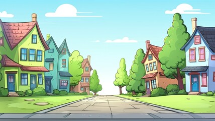 cartoon illustration A street of houses with green trees and a road in perspective.