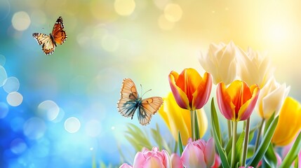 Generative AI : spring multicolored tulips and butterflies on blue bokeh background, spring web banner with copy space