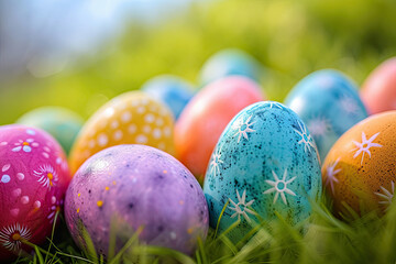 Fototapeta na wymiar Group of Colorful Easter Eggs in Grass, Festive Spring Decorations Outdoors