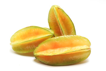 Three fresh organic star fruit delicious isolated on white background clipping path