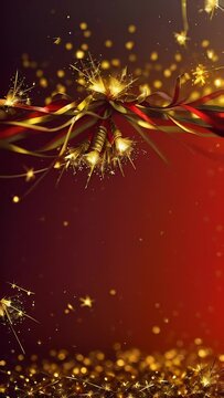 golden flickering sparks, stars on festive red abstract background. generative AI.