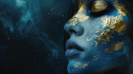A beautiful girl with a face painted in blue and gold