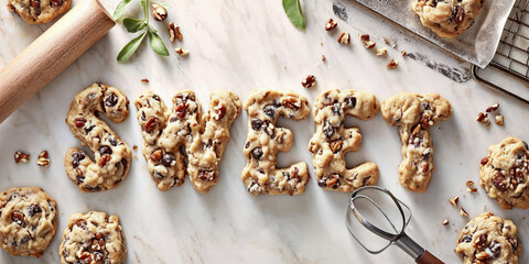 Cookies with nuts and chocolate chips are arranged on a table to spell out the word "SWEET," with baking tools and ingredients around them.