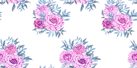 Artistic abstract bouquets flowers peonies, dahlias with branches leaves and silhouettes leafs on white background. Gently beautiful stylized pink floral seamless pattern. Vector drawn illustration