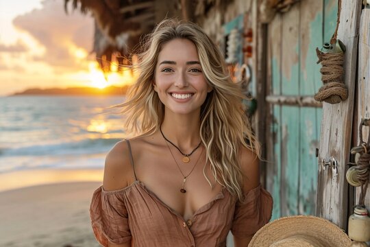 Sunset Smile: A Blonde Bombshell Poses for the Camera Generative AI