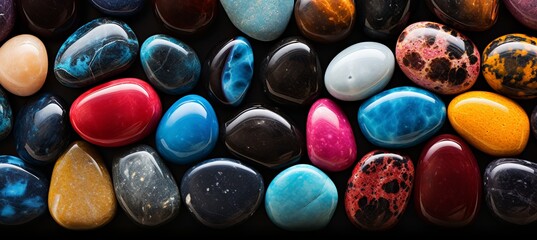 Colorful gemstones on black background, beautiful minerals and crystals for design and decoration