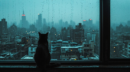 the cat sits on the window and watches the rainy city go by