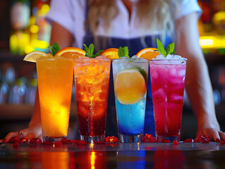 Colorful cocktails on bar counter with blurred bartender in background.