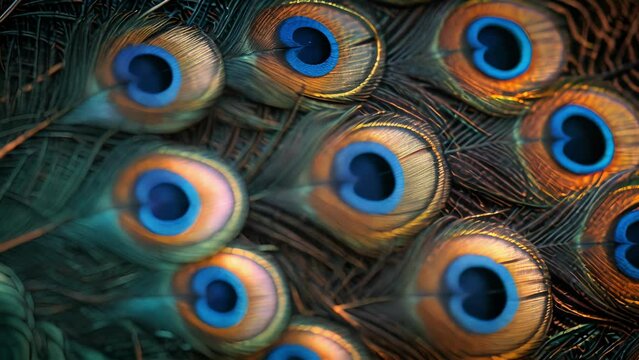 Closeup of a peas intricate feather design showcasing the delicate patterns and intricate details of each individual feather.