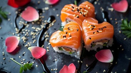 Heart shaped Valentine day sushi. Classic sushi rolls, Philadelphia, dating dinner, dark background - obrazy, fototapety, plakaty