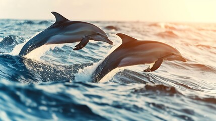 Generative AI : Wild dolphins jumping in the waves of the open ocean
