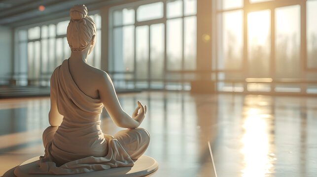 Beautiful, empty yoga studio with woman statue and sunlights